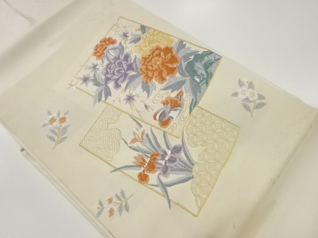 引箔色紙に鴛鴦・牡丹・菖蒲模様織出し名古屋帯